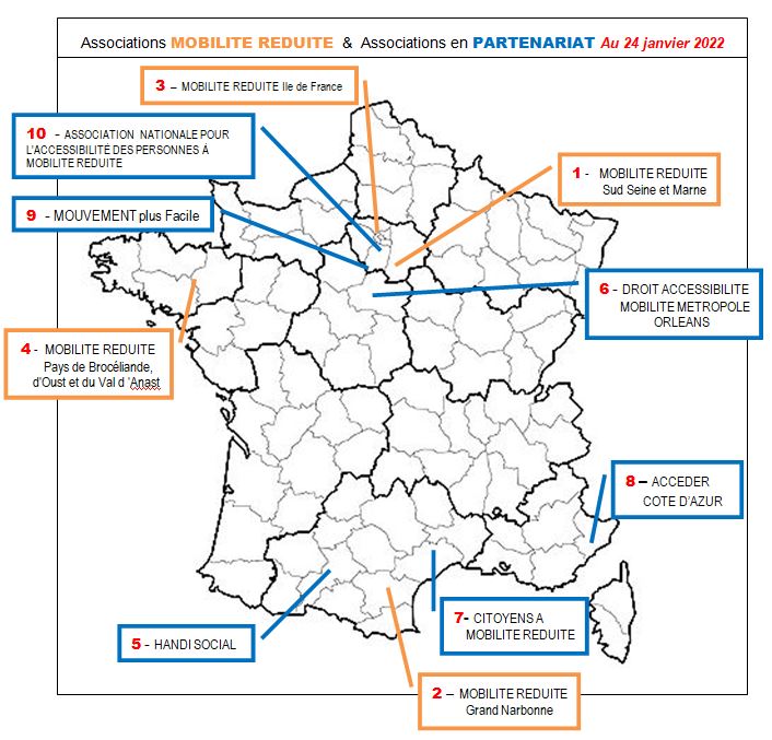 Carte de France représentant les associations MOBILITE REDUITE XX et les associations PARTENAIRES