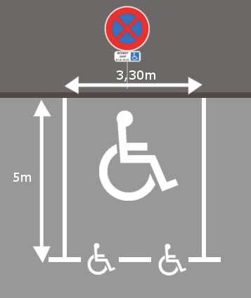 Dimension de la place de stationnement handicapé 3,50 m x 5 m avec panneau B6d arrêt et stationnement interdit et M6h