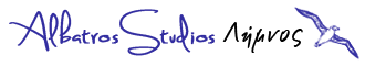 Λογότυπο Ενοικιαζομενων δωματιων άλμπατρος στουντιο Λήμνος. Albatros studios limnos banner logo with albatros bird.