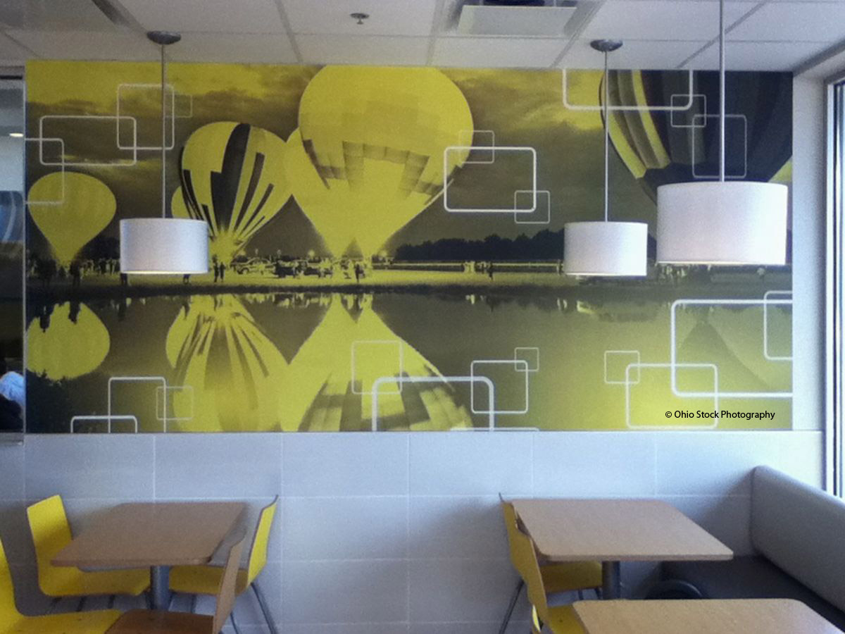 Photo of a balloon rally printed on a wall in a restaurant.
