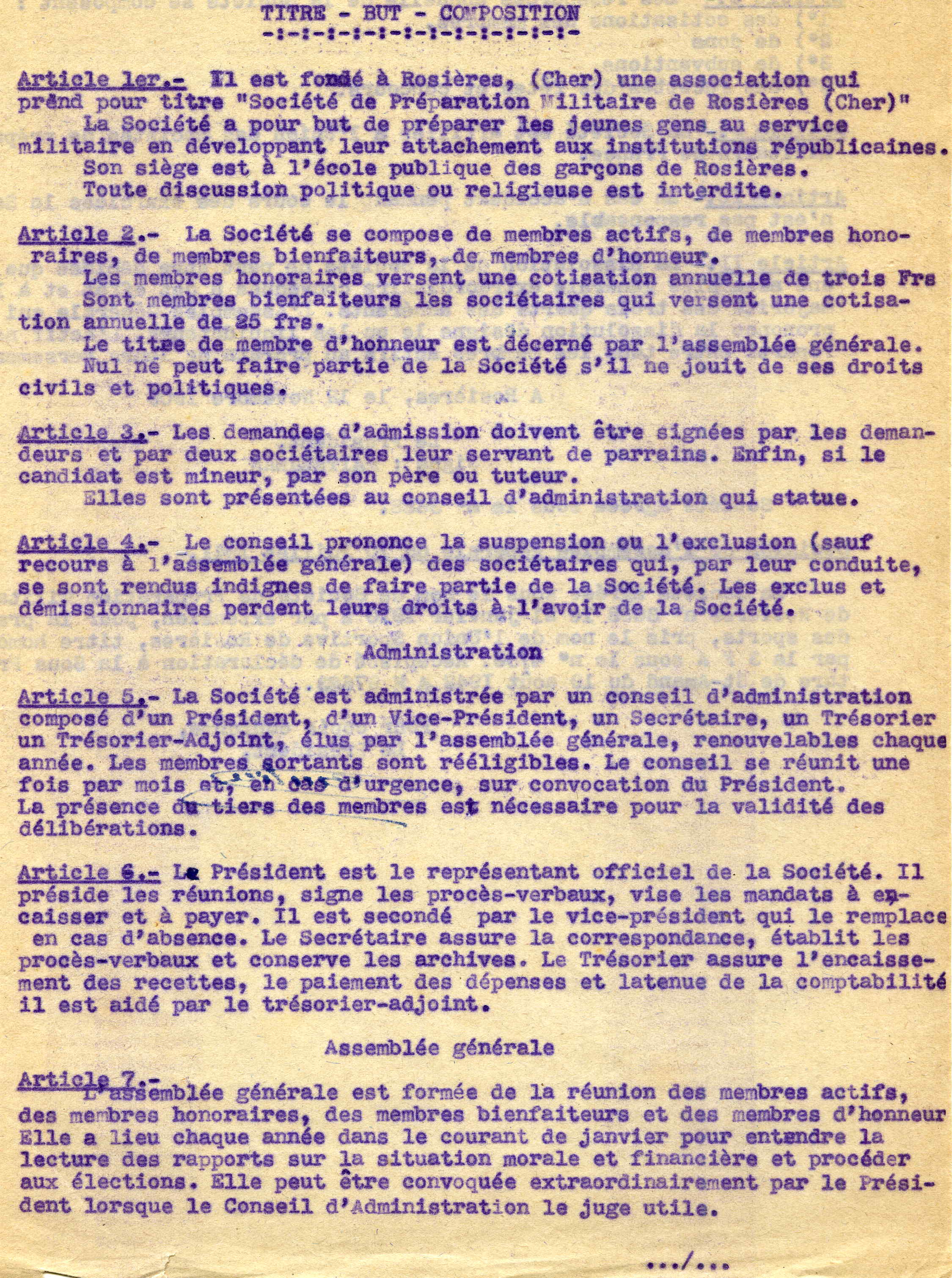 Modifications des statuts de l'association en 1942 (articles 1 à 7)