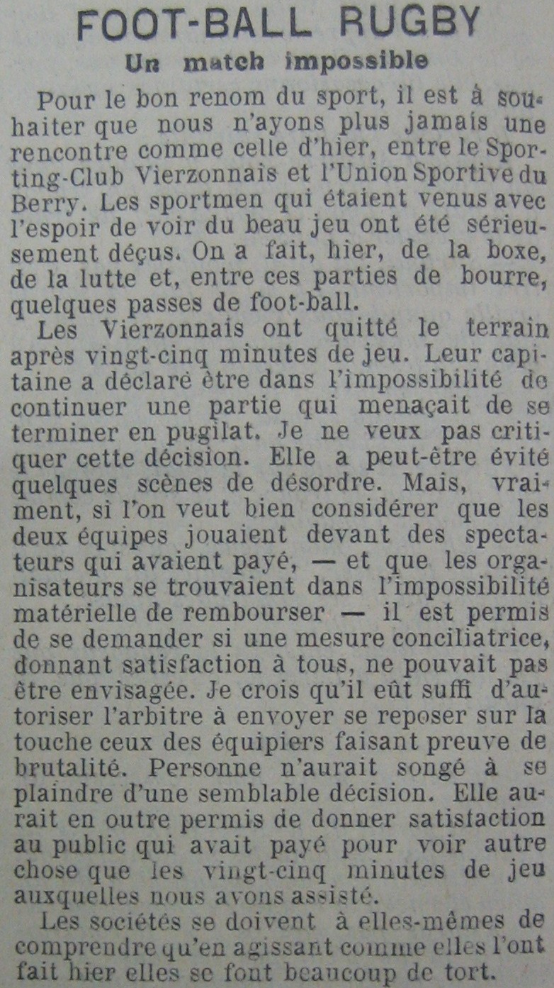 Match interrompu US Berry-CS Vierzon du 14/11/1909