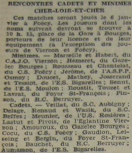 Sélections minimes et cadets du Cher contre le Loir-et-Cher du 06/01/63