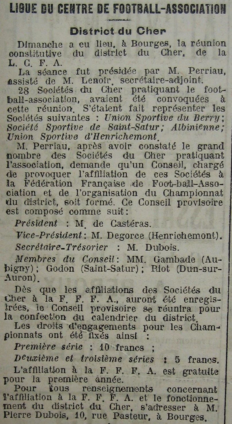 Formation du District du Cher le 27/08/1922