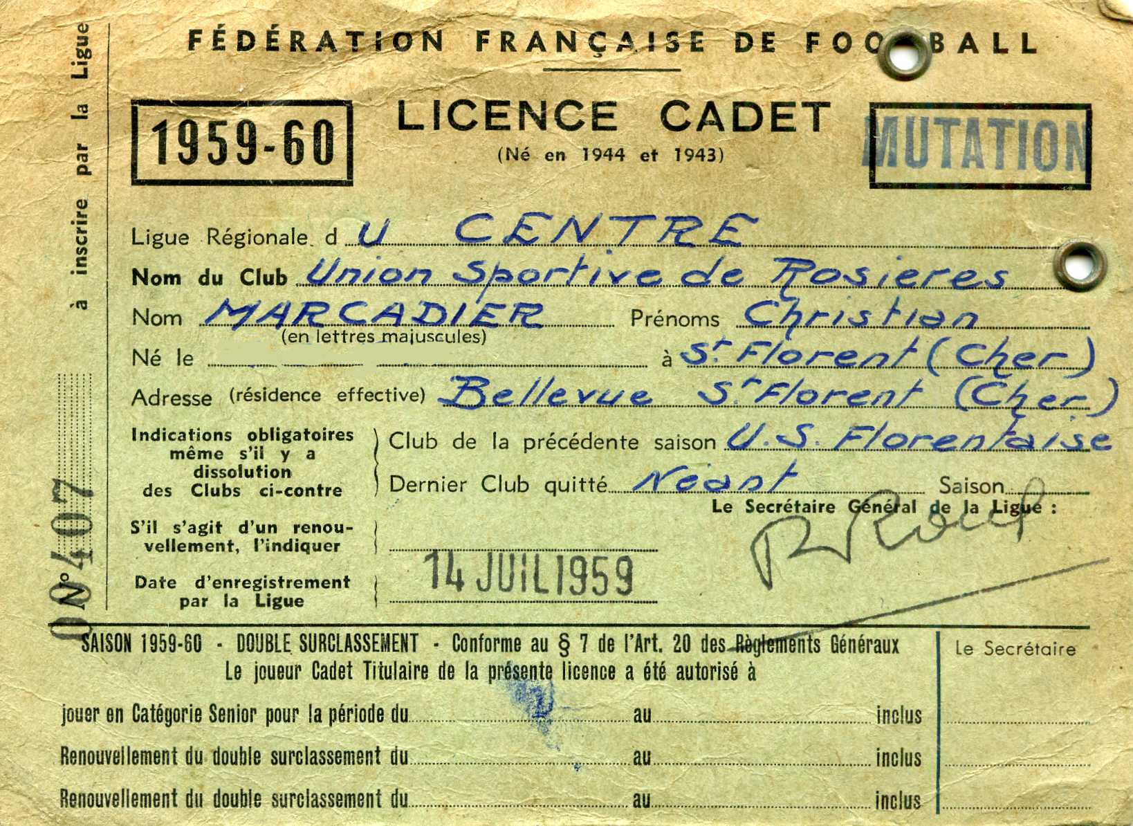 Licence de Christian MARCADIER 1959-60