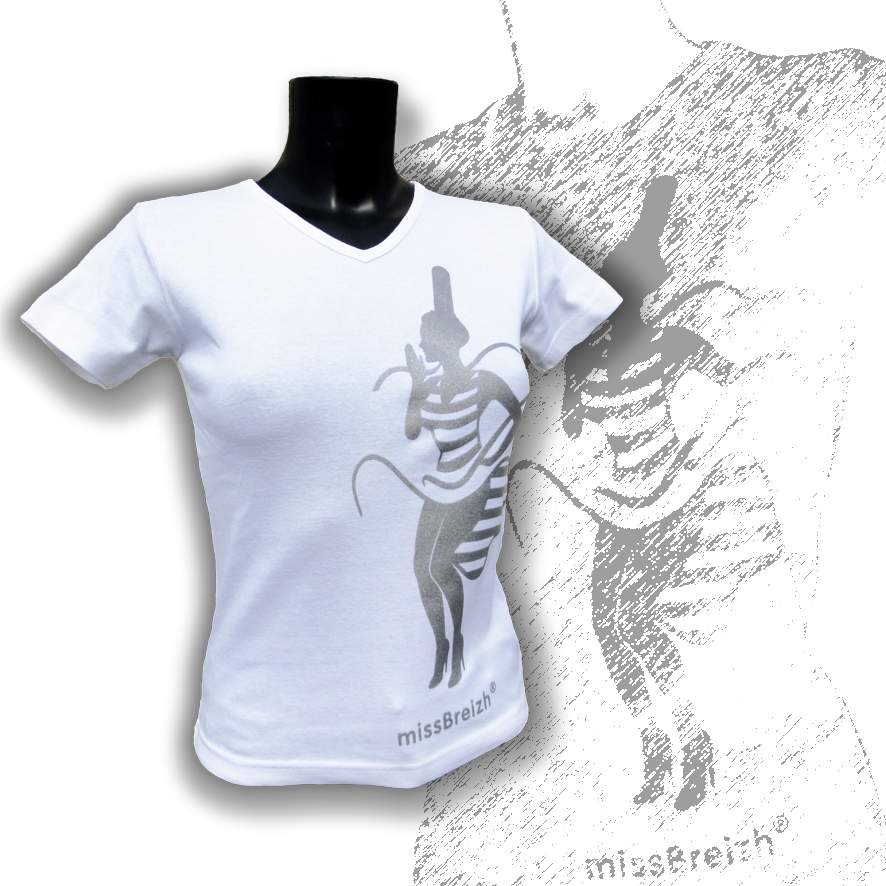 T-shirt breton femme - blanc col V sérigraphie argent missBreizh©