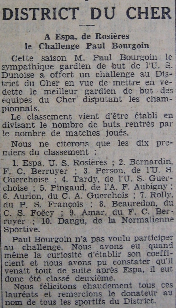 ESPA élu meilleur gardien de but du Cher 1937-38