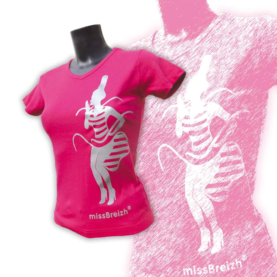 T-shirt breton femme - rose col V sérigraphie argent missBreizh©