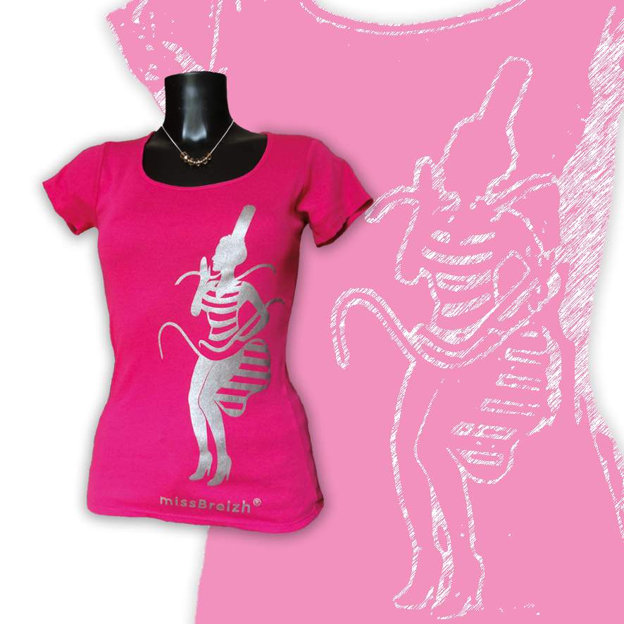 T-shirt breton femme - rose col rond sérigraphie argent missBreizh©