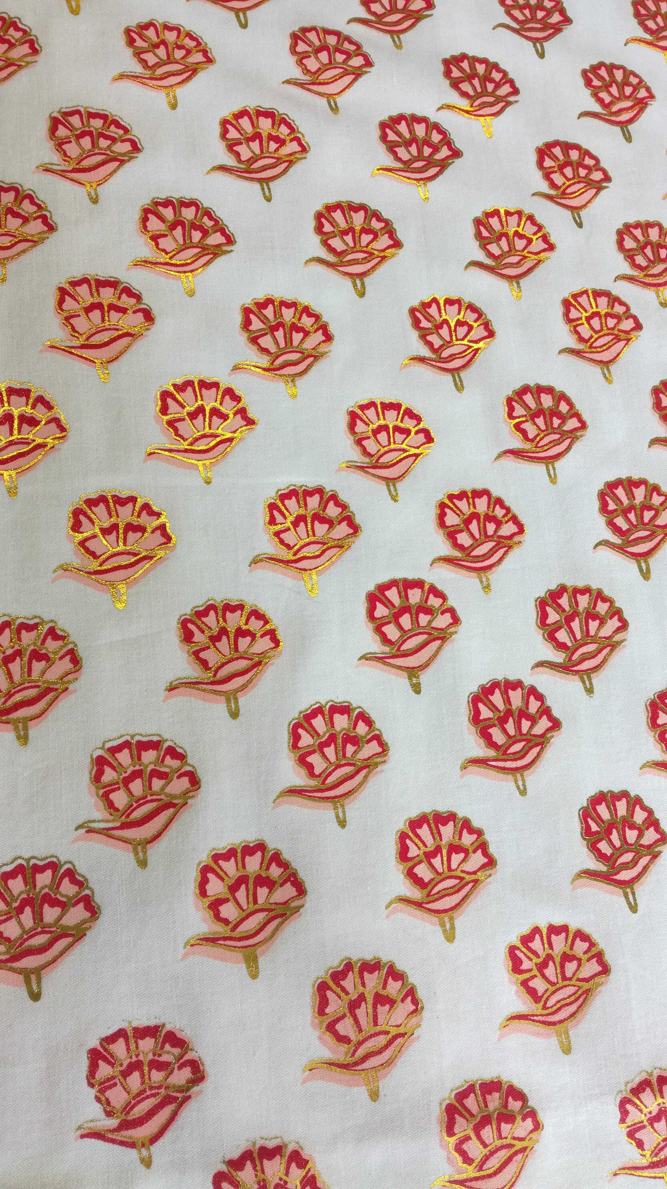 Finished fabric. 3 layer screenprint with gold foil. 15m of fabric was screenprinted.