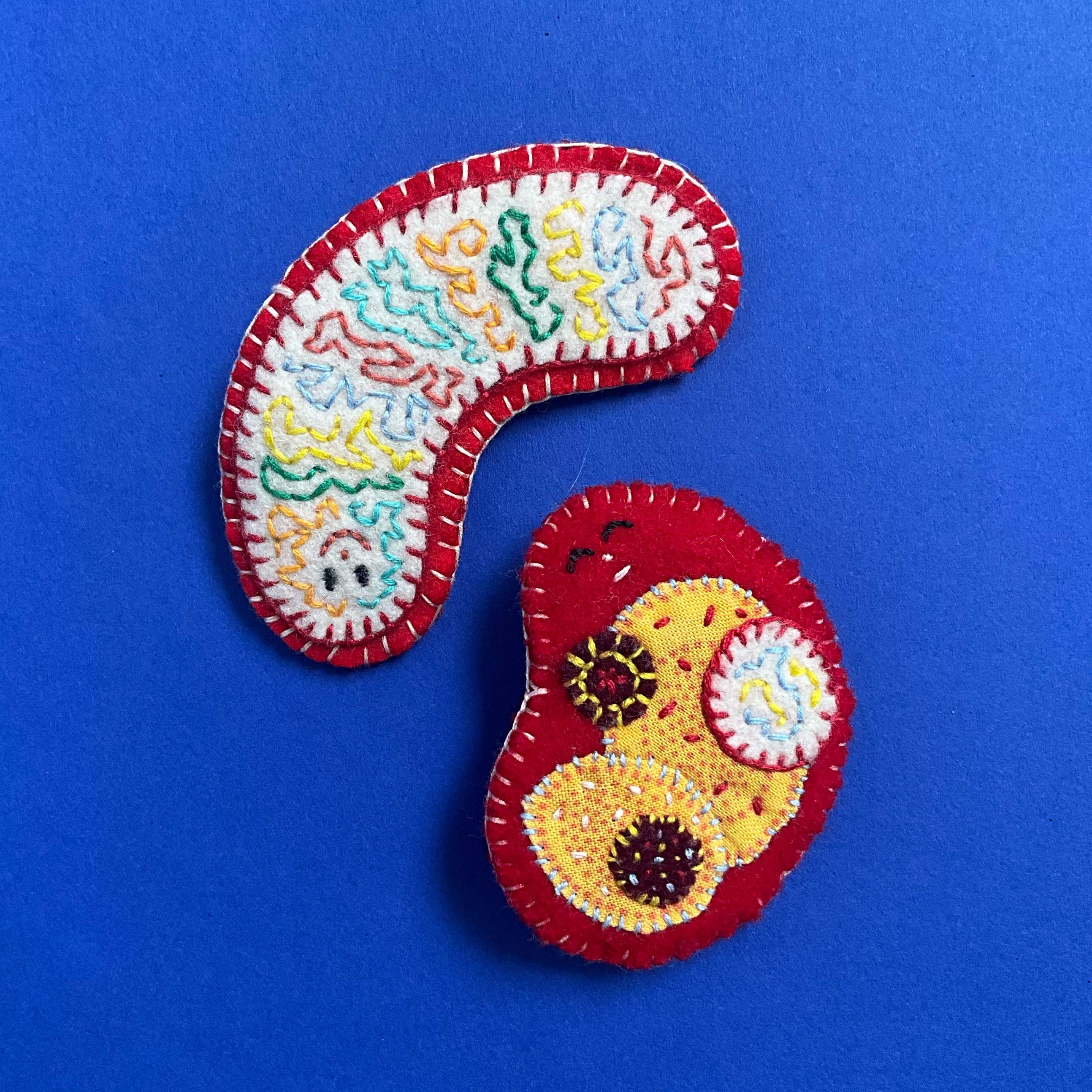 Embroidered microbes. Wool felt and cotton embroidery thread.