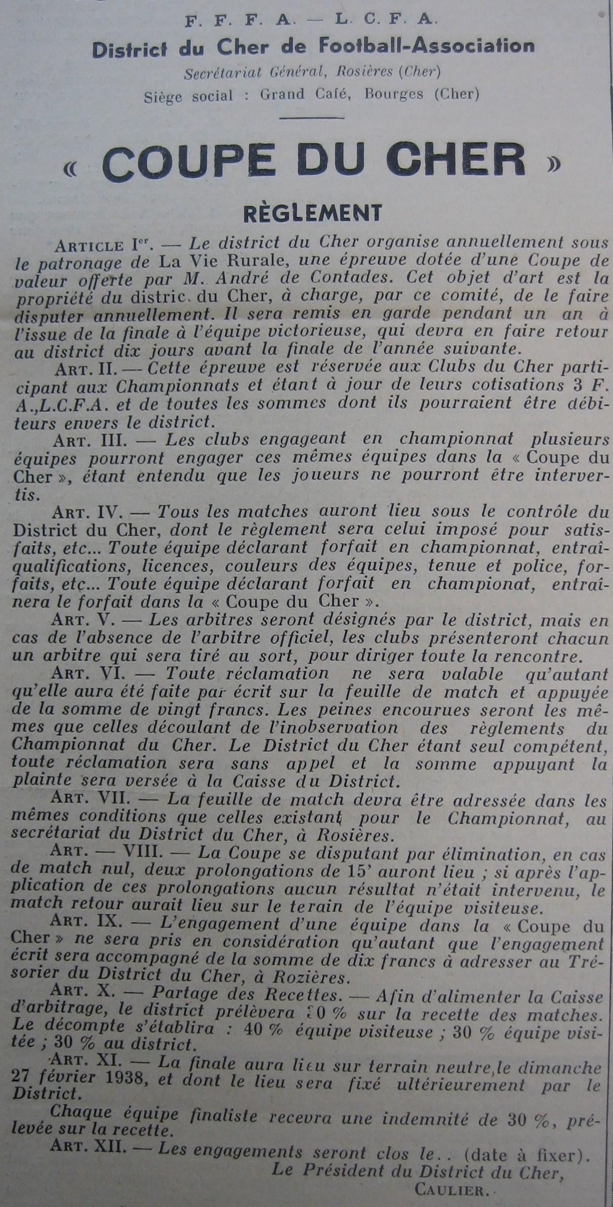Réglement de Coupe du Cher de football en 1937