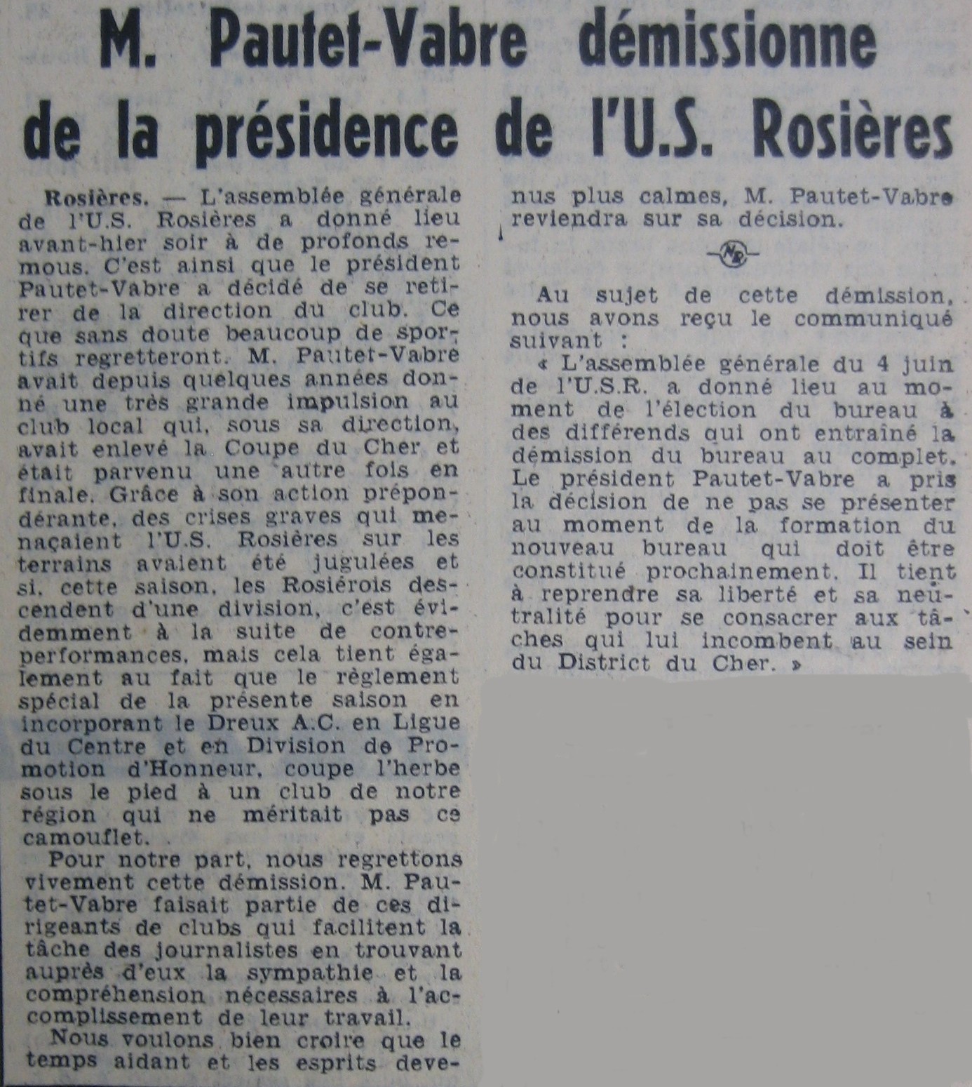 Démission de R.PAUTET-VABRE le 4 juin 64