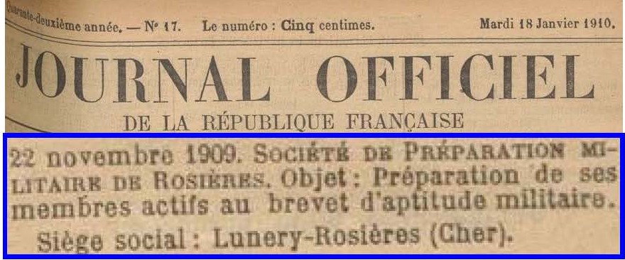 Société de Préparation Militaire de Rosières publiée au JO du Ma 18/01/1910