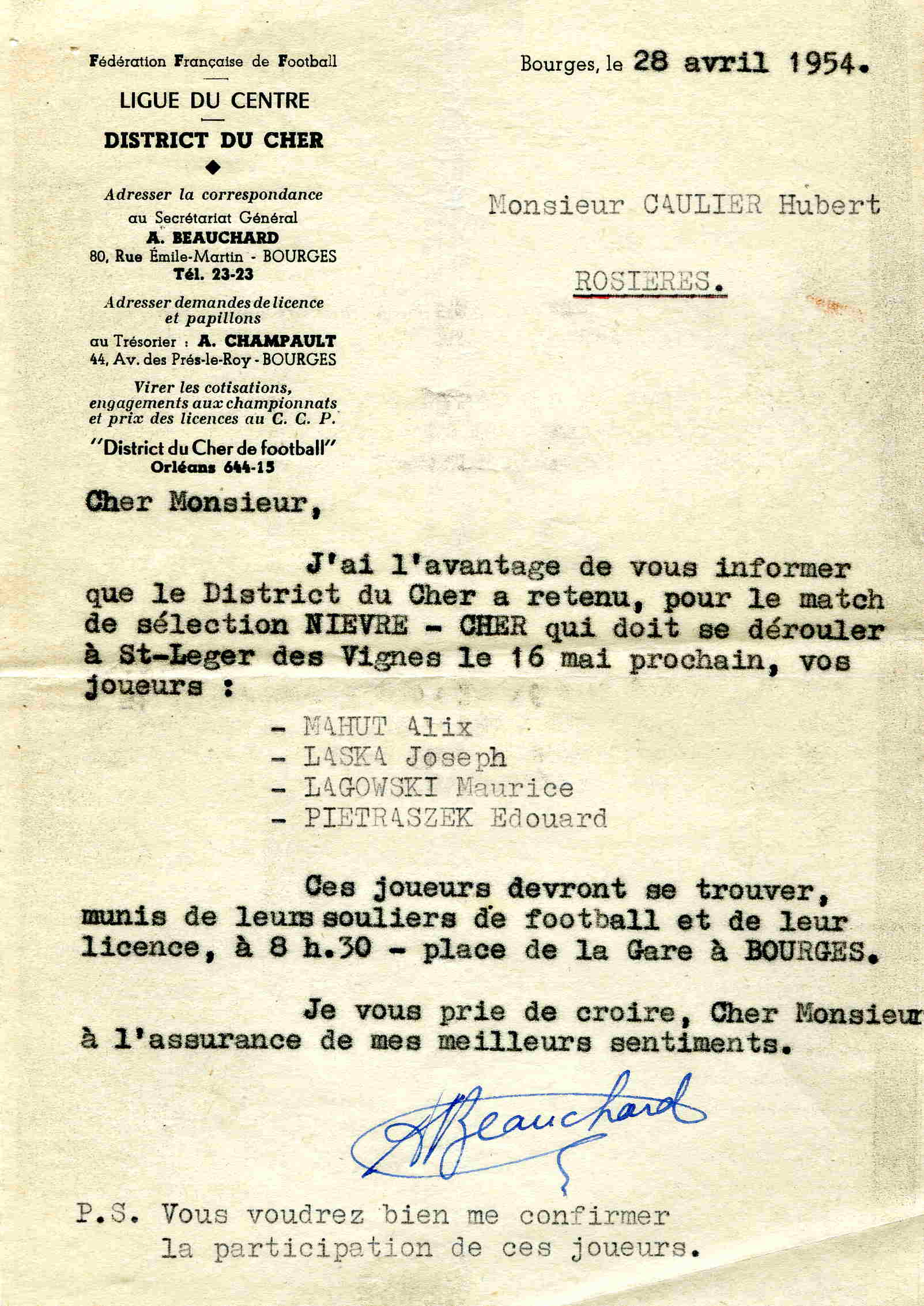 Sélectionnés rosièrois du 16/05/54 contre la Nièvre