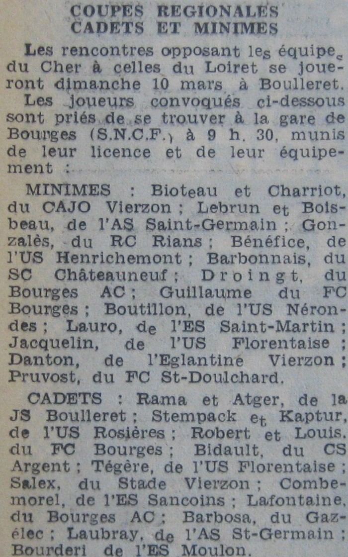 Convocations équipes minimes-cadets  du Cher du 10/03/74