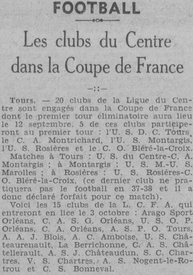 Les 20 clubs du Centre engagés en Coupe de France 1937-38