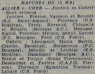 Sélections du Cher cadet et junior contre l'Allier 15/05/67