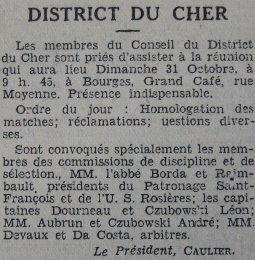 Convocation de l'abbé BORDA au District du Cher
