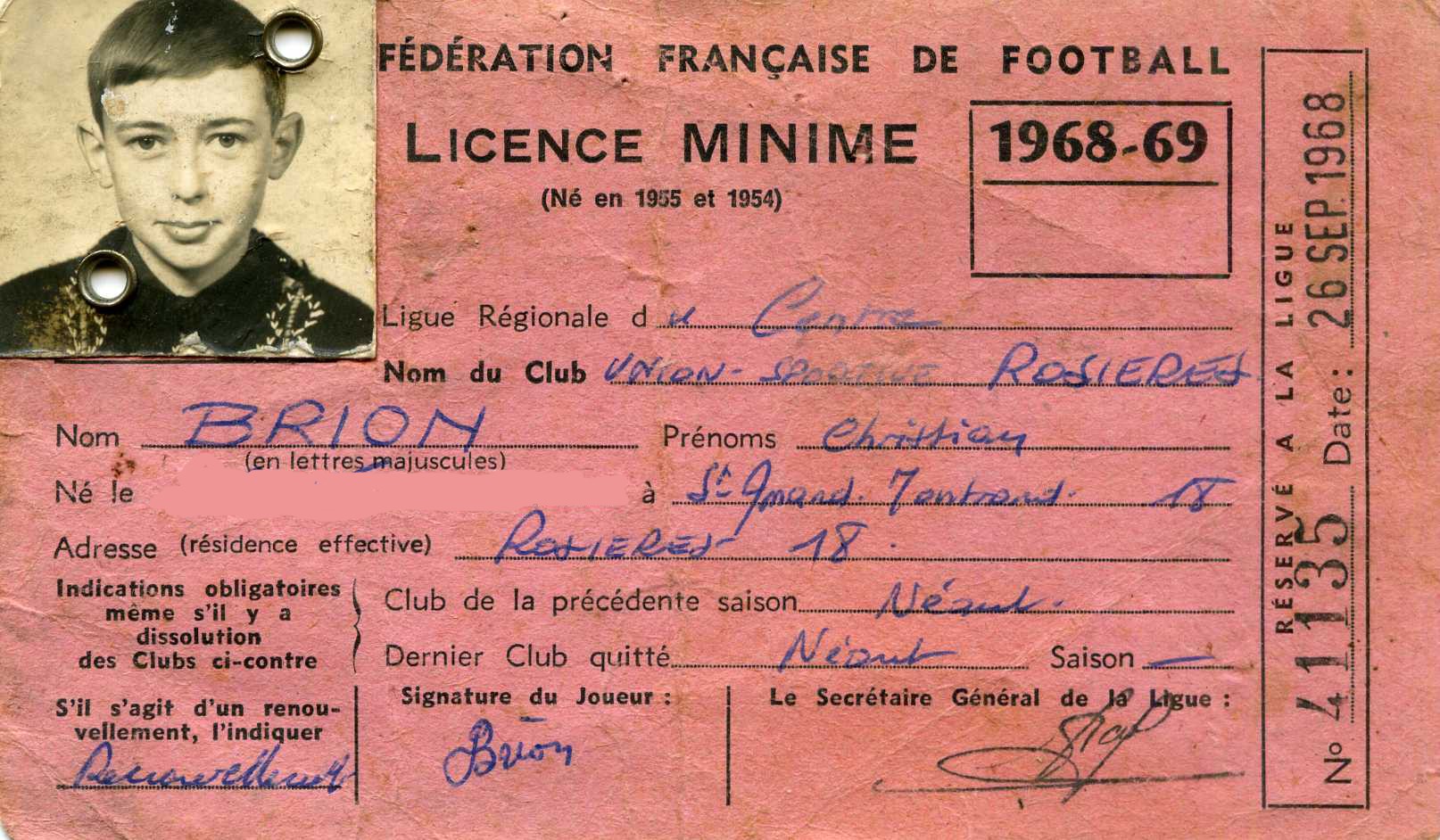 Licence de Christian BRION 1968-69
