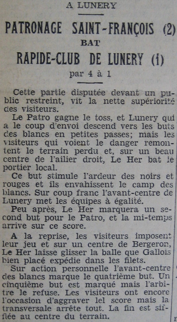 Patronage Saint-François -Rapide Club Lunery en 1938