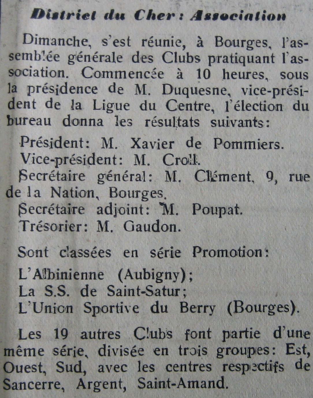 Nouveau bureau du Disrict du Cher de Football 1923-24