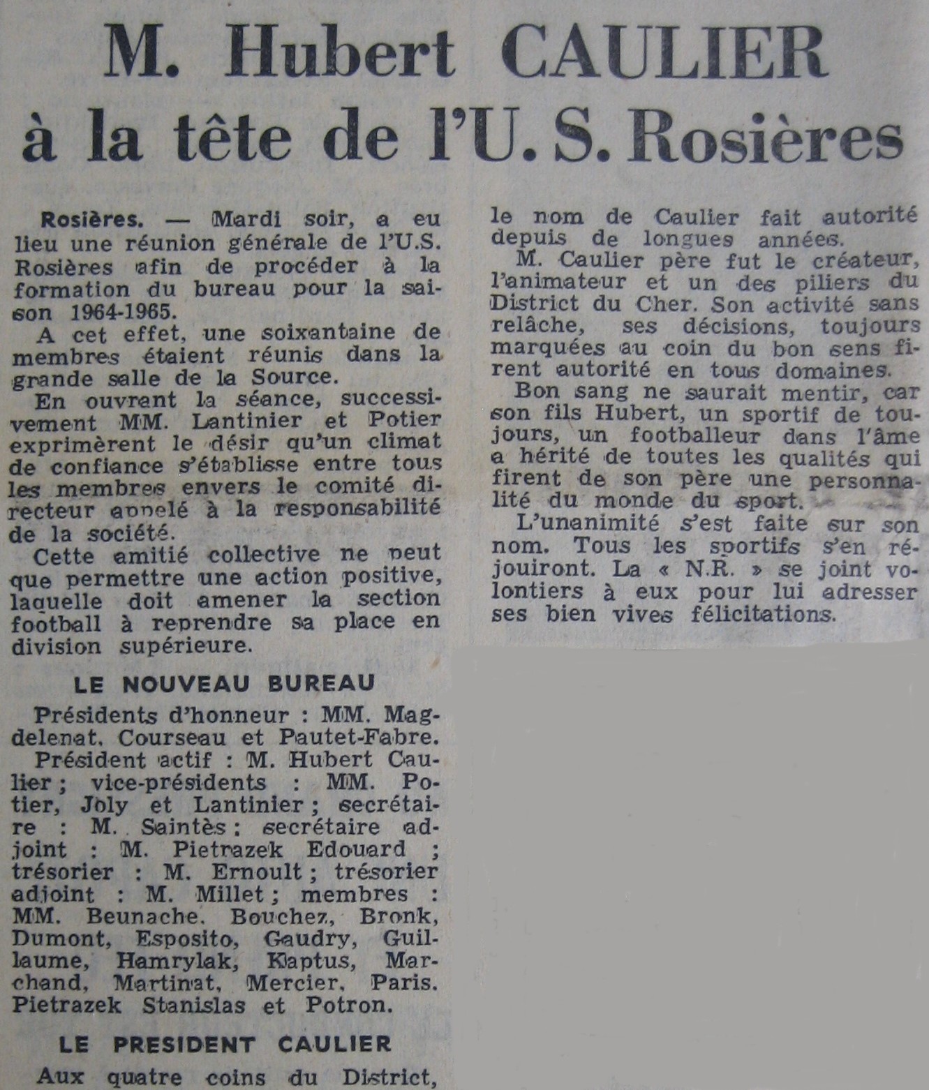 H.CAULIER nouveau Président de l'USR juin 64