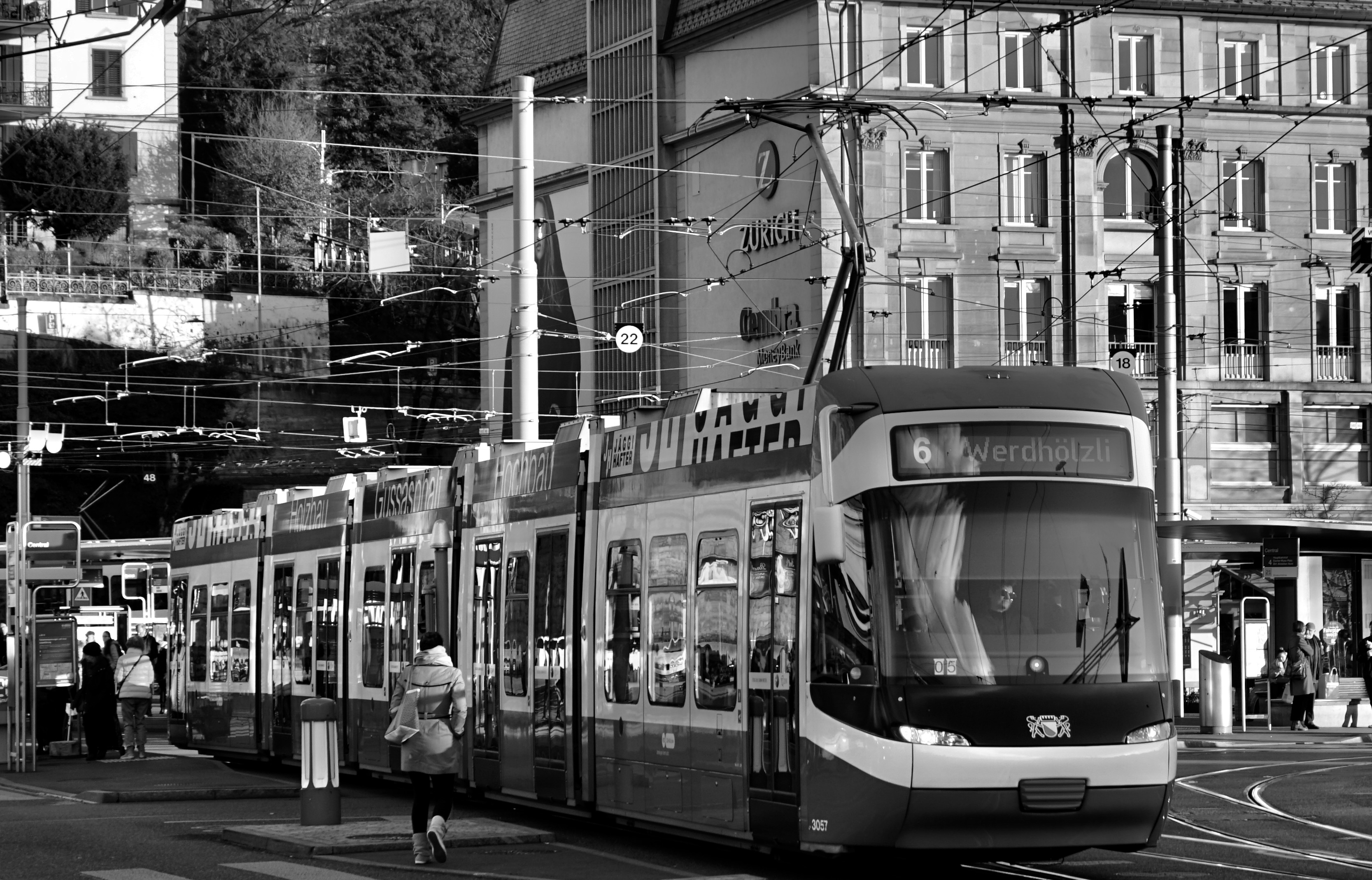 A number 6 tram in Zurich in black and white.