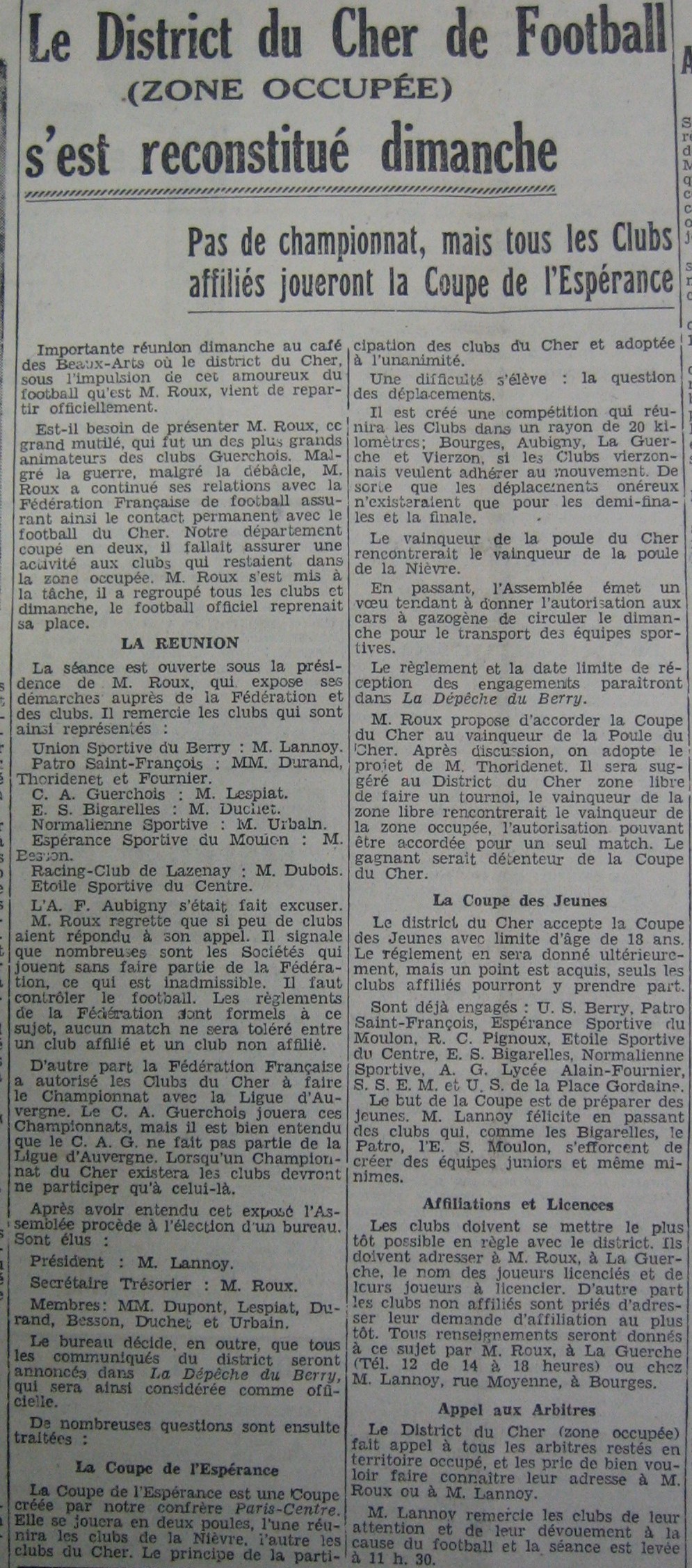 Nouveau bureau du District du Cher de football ZO 1940