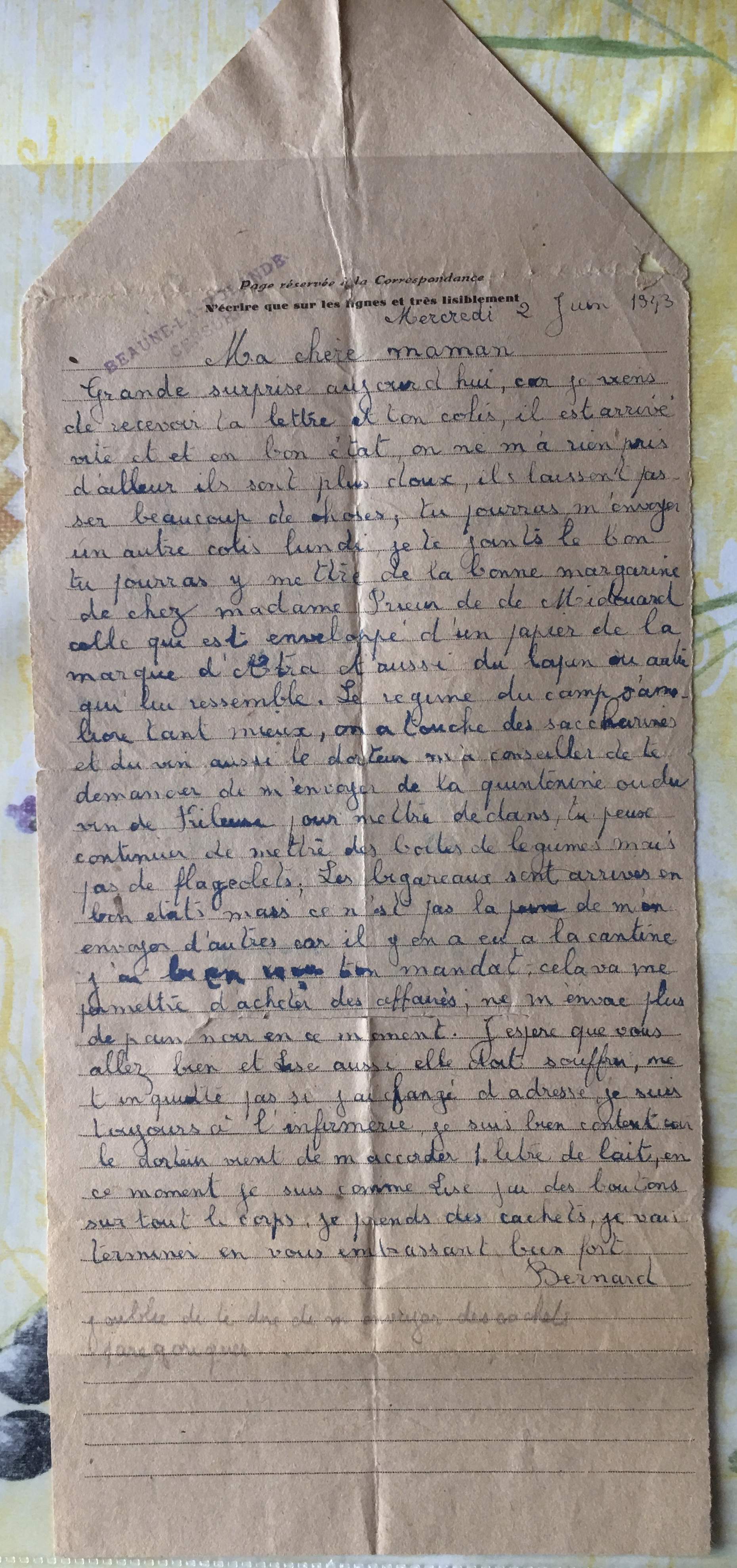 Lettre de Bernard  Beaune-la-Rolande