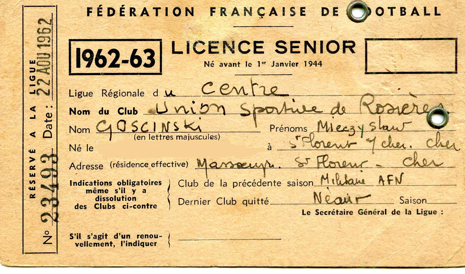 Licence de Mieczyslaw GOSCINSKI 1962-63