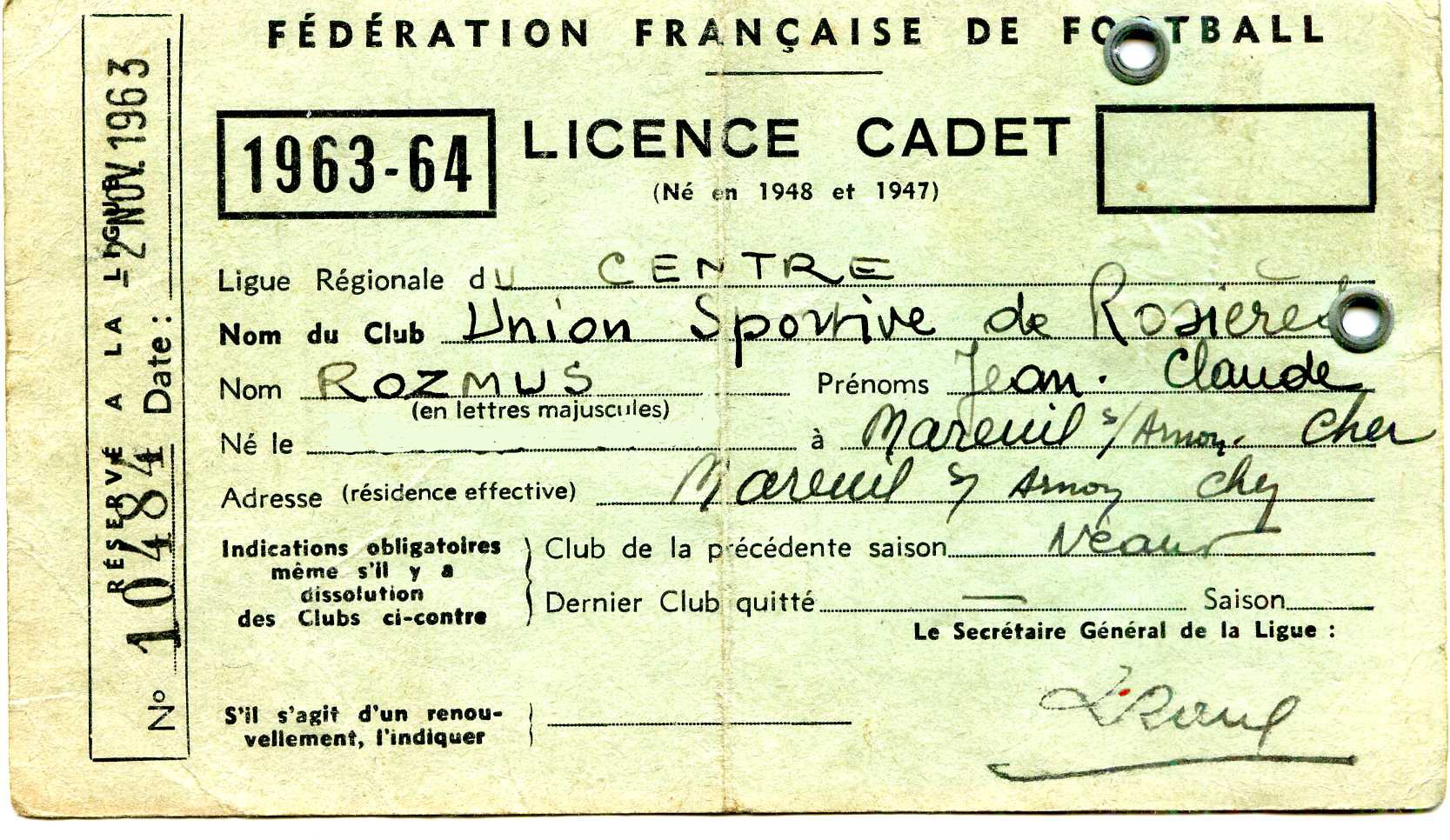 Licence de Jean-Claude ROZMUS 1963-64