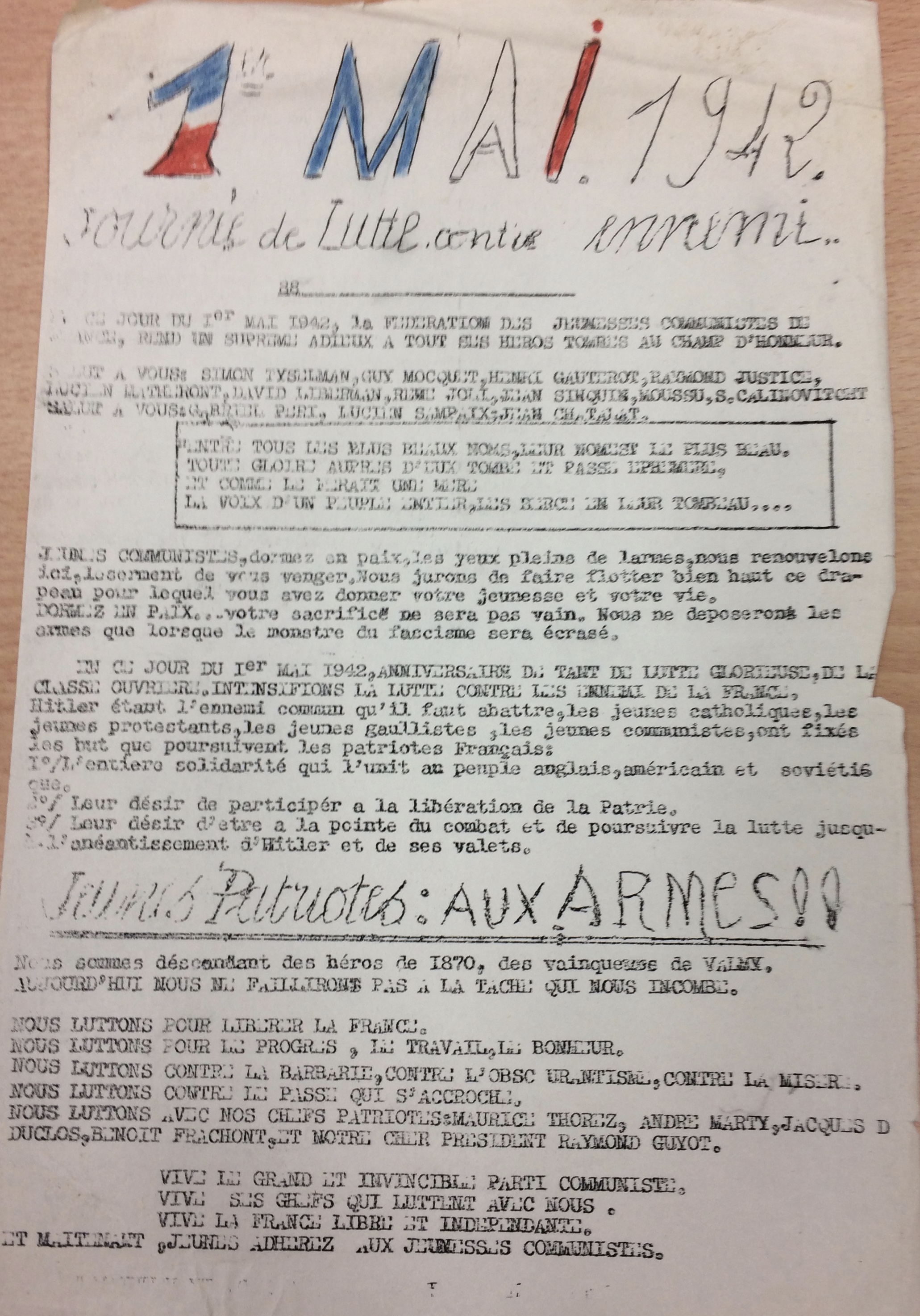Tract distribué à Romorantin dans la nuit du 30 avril au 1er mai 1942