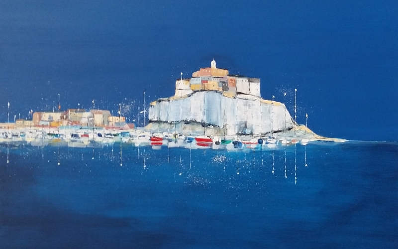 Détail - Vue du port et de la citadelle de Calvi à la nuit tombante- Format 70 x 70 cm