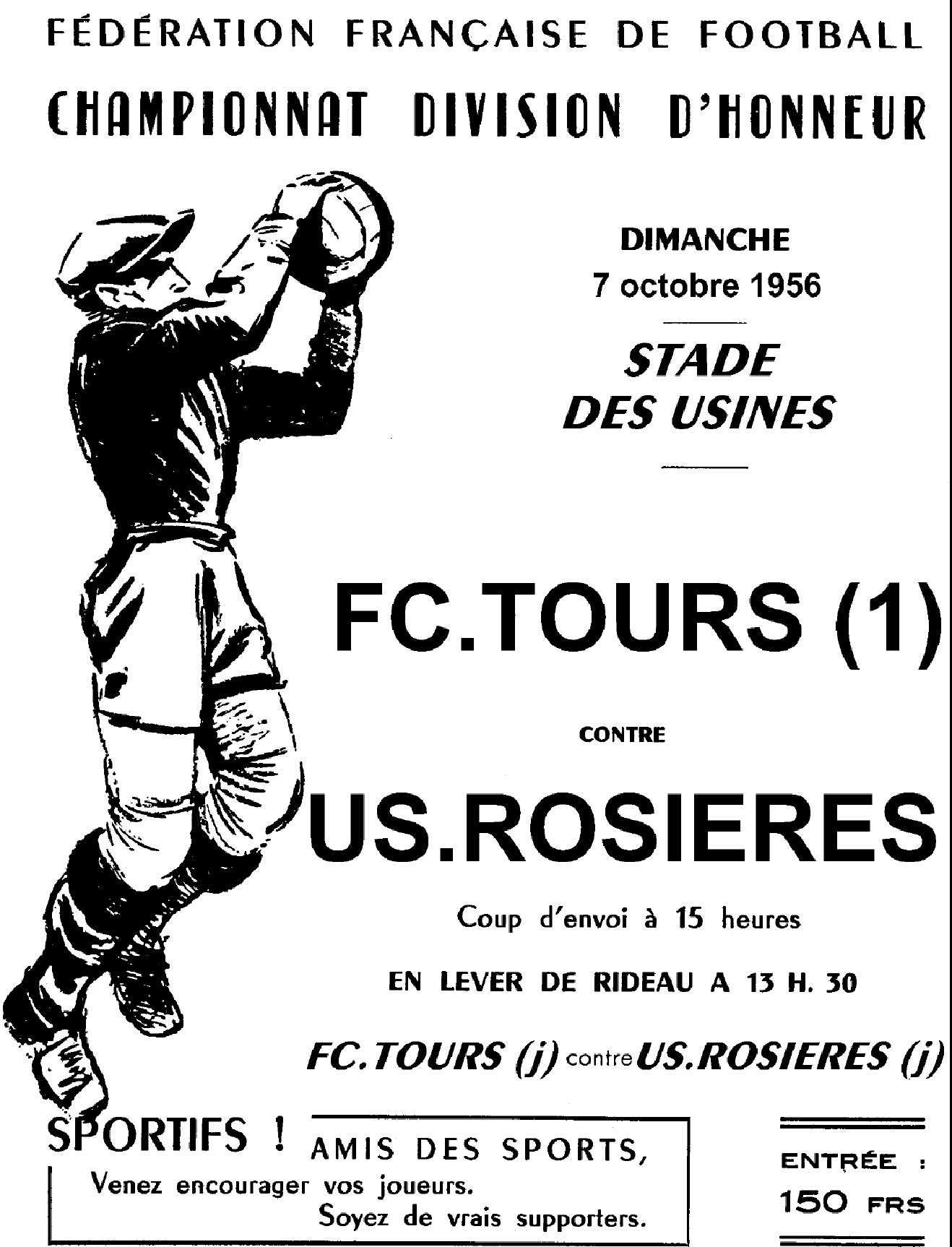 Affiche de 1956 présentant le match FC.Tours contre US.Rosières
