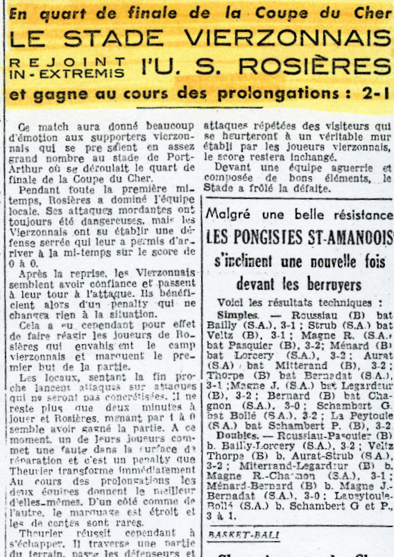Article du Berry Républicain sur le quart de finale de Coupe du Cher 1947
