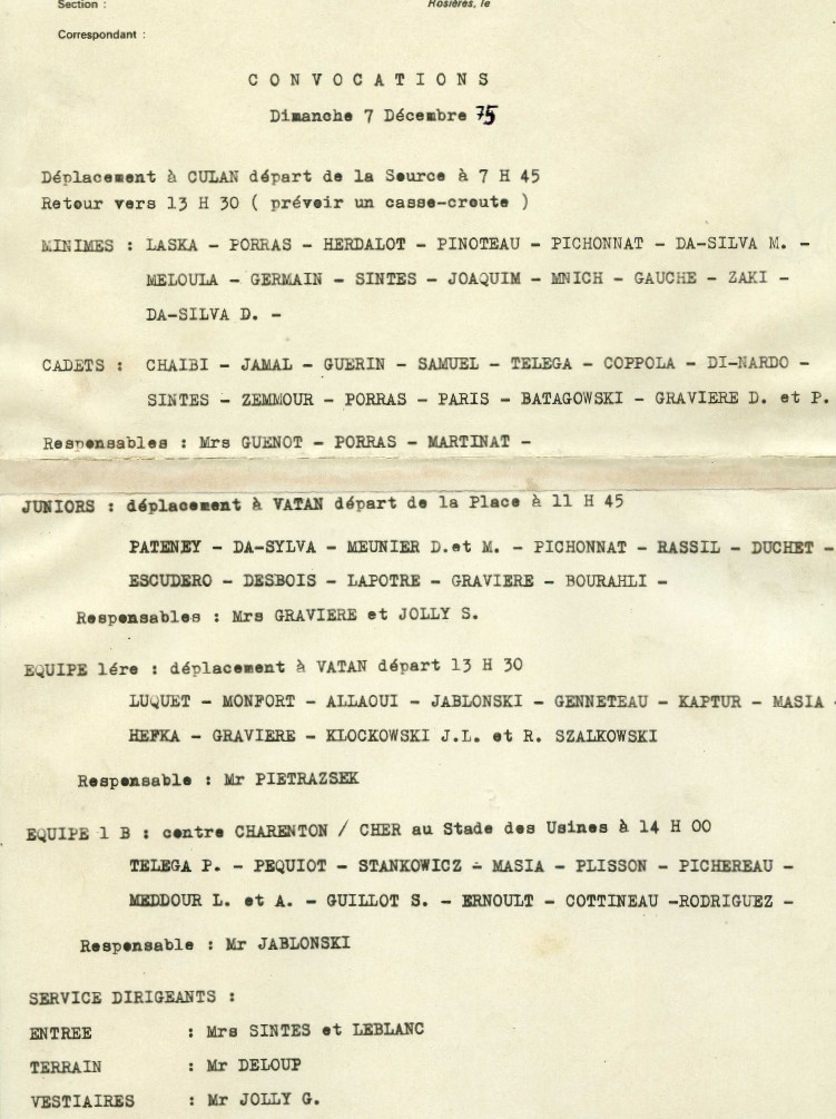 Convocations des joueurs pour les matchs du Dimanche 7 décembre 1975