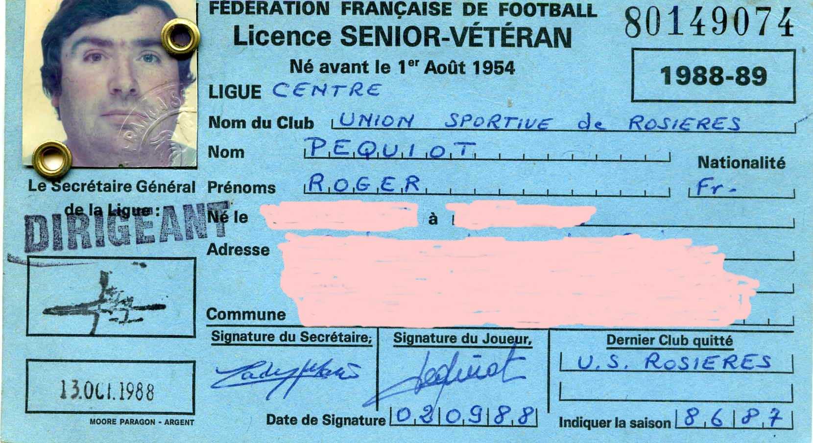 Licence Senior-Vétéran Roger PEQUIOT 1988-1989