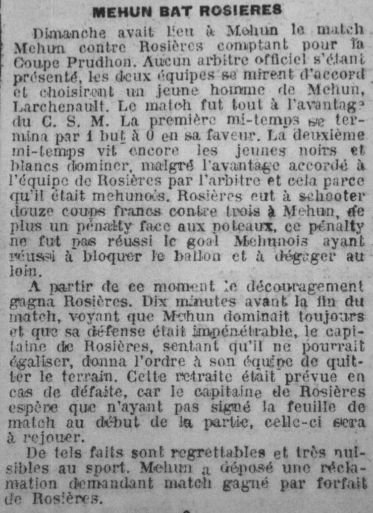 Match Mehun s/Yèvre- Rosières (26/02/1928)
