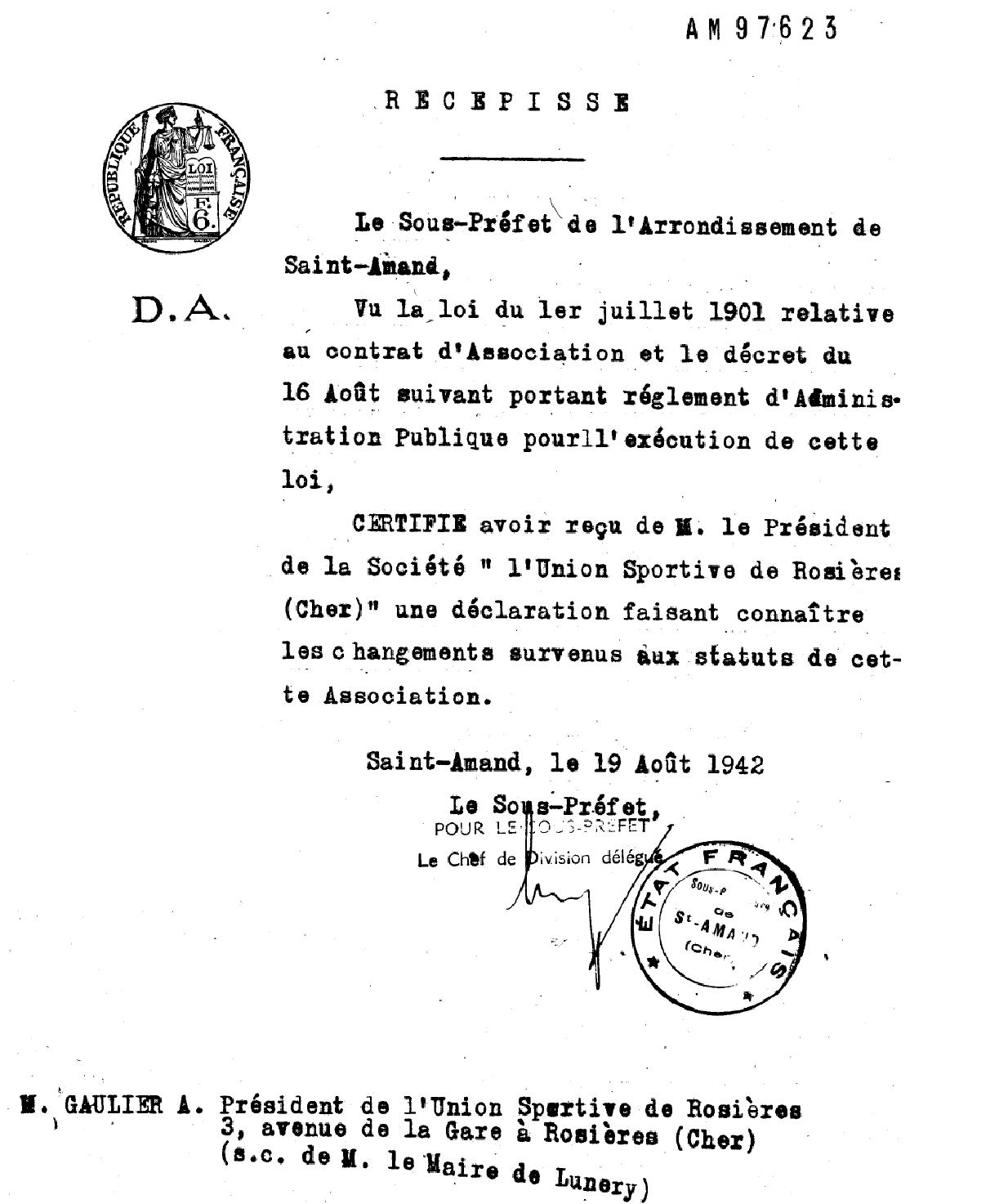 Récepissé de la Sous-préfecture du Cher 1942